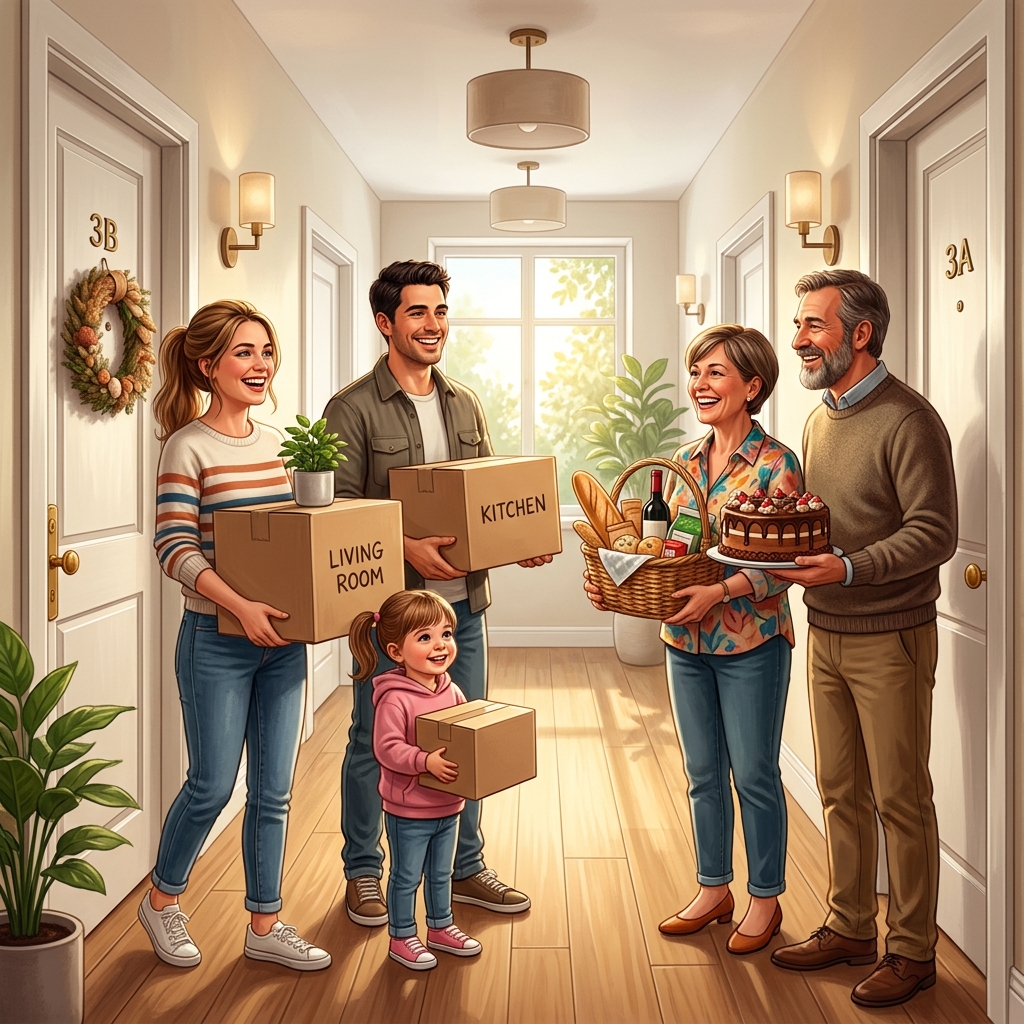 Happy family moving into their new apartment, welcomed warmly by smiling future neighbors